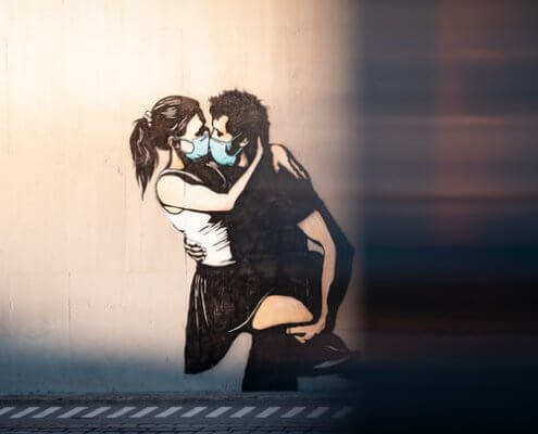 wall art-couple in masks-kissing